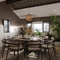 Modern Chinese Private Dining Room With Round Table Lattice Windows Rattan Pendant Light And Plants
