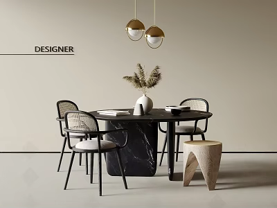 Modern Minimalist Dining Table Set With Woven Back Chairs Gold Pendant Lights And Marble Top 3d model