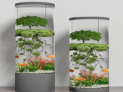 Cylindrical Aquariums With Lush Greenery And Colorful Fish 3d model