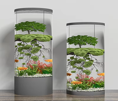 Cylindrical Aquariums With Lush Greenery And Colorful Fish 3d model Cylindrical Aquariums With Lush Greenery And Colorful Fish 3d model