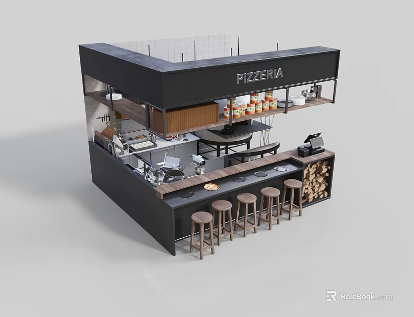 Modern Pizzeria Bar Counter with Wooden Stools and Interior Design Elements 3d model