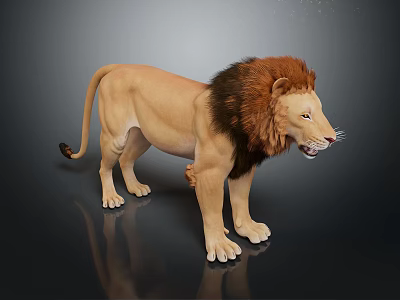 Realistic Lion With Brown Mane Standing On Dark Reflective Surface 3d model