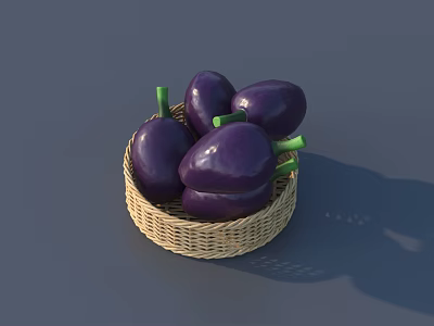 Fresh Purple Eggplants in a Wicker Basket on Gray Surface 3d model