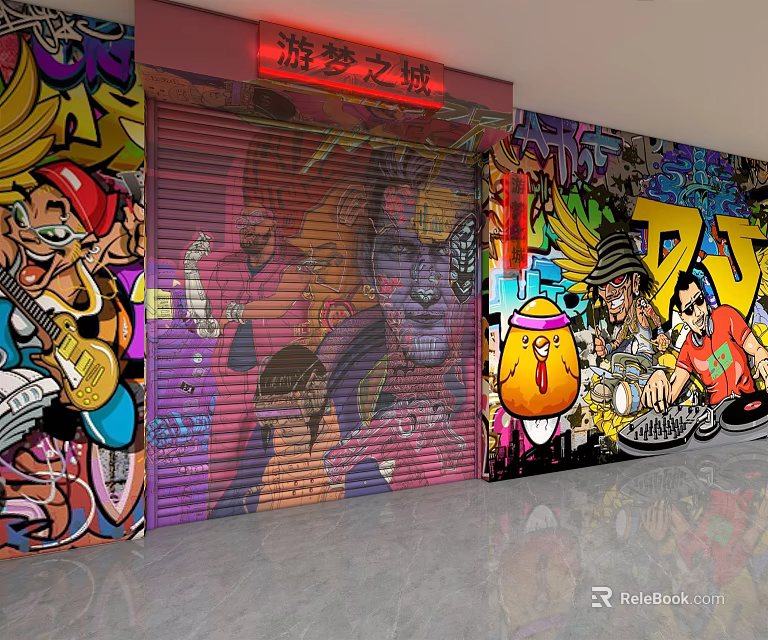 Vibrant Street Art Graffiti Wall With Neon Sign And Cartoon Characters 3d model 