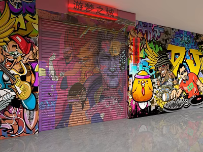 Vibrant Street Art Graffiti Wall With Neon Sign And Cartoon Characters 3d model