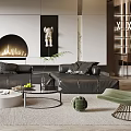 Modern Living Room Interior With Black Sofa Fireplace Round Coffee Table And Green Accent Chair