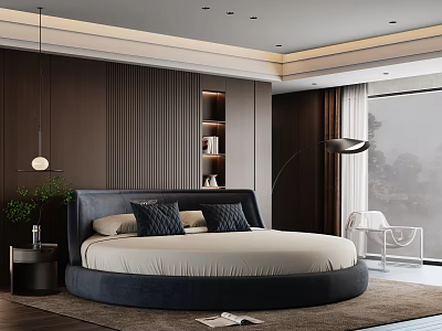 Modern Bedroom Interior With Round Upholstered Bed Dark Wooden Walls Nightstand And Floor Lamp 3d model