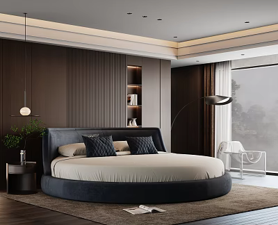 Modern Bedroom Interior With Round Upholstered Bed Dark Wooden Walls Nightstand And Floor Lamp 3d model