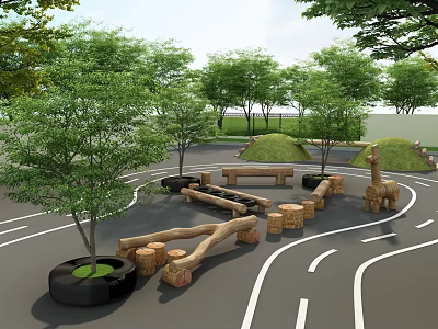 Outdoor Wooden Playground Equipment With Logs Trees And Giraffe Sculpture In Park 3d model