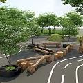 Outdoor Wooden Playground Equipment With Logs Trees And Giraffe Sculpture In Park