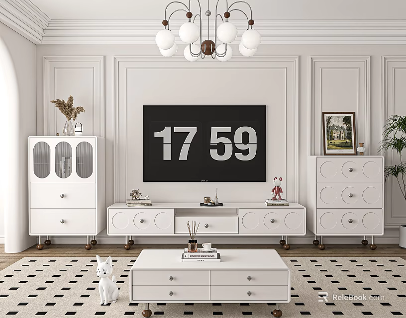 White Modern TV Stand with Drawers in Living Room Storage Cabinets and Decor 3d model 
