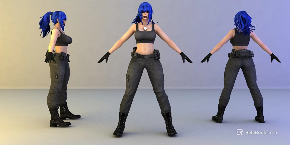 Game Movie Character Blue Hair Black Crop Top Gray Cargo Pants Gloves Boots Three Angles 3d model 