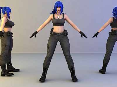 Game Movie Character Blue Hair Black Crop Top Gray Cargo Pants Gloves Boots Three Angles 3d model