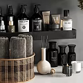 Stylish Bathroom Accessories With Shelves Shampoo Bottles Hair Dryer And Towels In Modern Bathroom