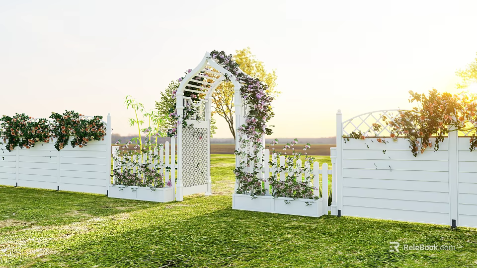 Garden Landscape Featuring White Picket Fence Arched Gate Flowers And Green Grass 3d model 