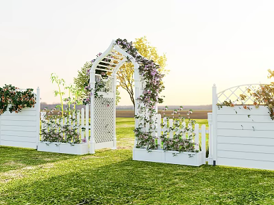 Garden Landscape Featuring White Picket Fence Arched Gate Flowers And Green Grass 3d model
