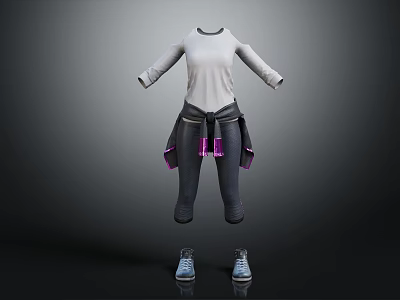 Stylish Casual Outfit With White Long Sleeve Top Dark Pants Blue Shoes And Purple Details 3d model