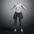 Stylish Casual Outfit With White Long Sleeve Top Dark Pants Blue Shoes And Purple Details