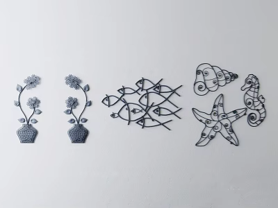 Creative Embroidered Wall Decor With Potted Plants Fish Group Seashell And Seahorse 3d model