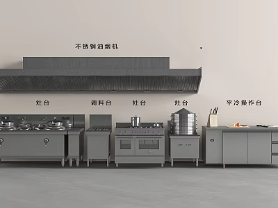 Commercial Restaurant Kitchen With Stainless Steel Range Hood Cooking Stoves And Refrigerated Prep Tables 3d model