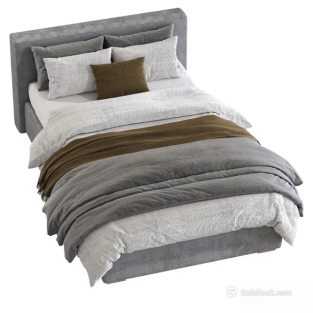 Modern Children's Bed With Upholstered Headboard Gray White Bedding And Brown Decorative Pillows 3d model 