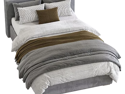 Modern Children's Bed With Upholstered Headboard Gray White Bedding And Brown Decorative Pillows 3d model