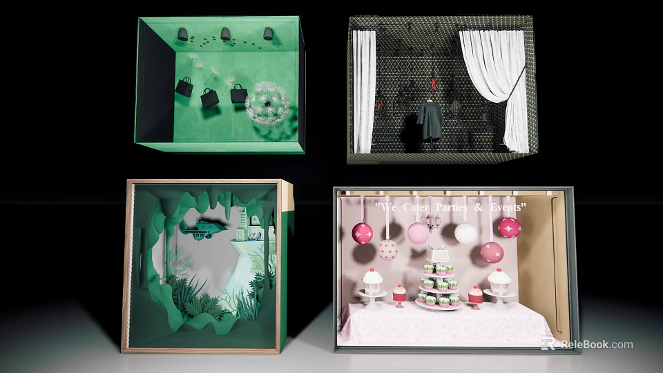 Creative Window Display Designs With Green Plants Pink Ornaments And Decorative Models 3d model