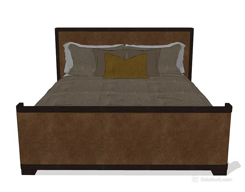 Brown Frame Double Bed With Gray Bedding And Yellow Accent Pillow 3d model
