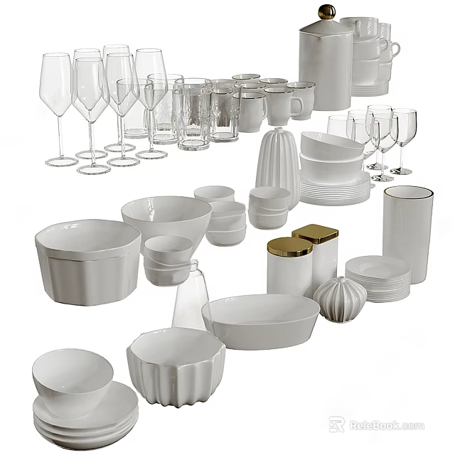 Modern White Ceramic Dinnerware Set With Bowls Cups Plates And Glasses 3d model 