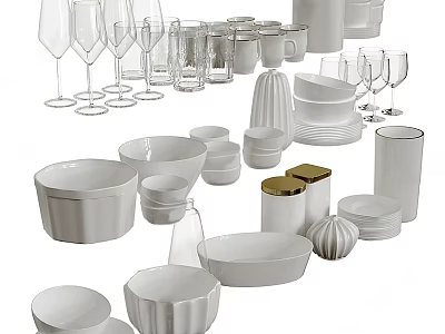 Modern White Ceramic Dinnerware Set With Bowls Cups Plates And Glasses 3d model