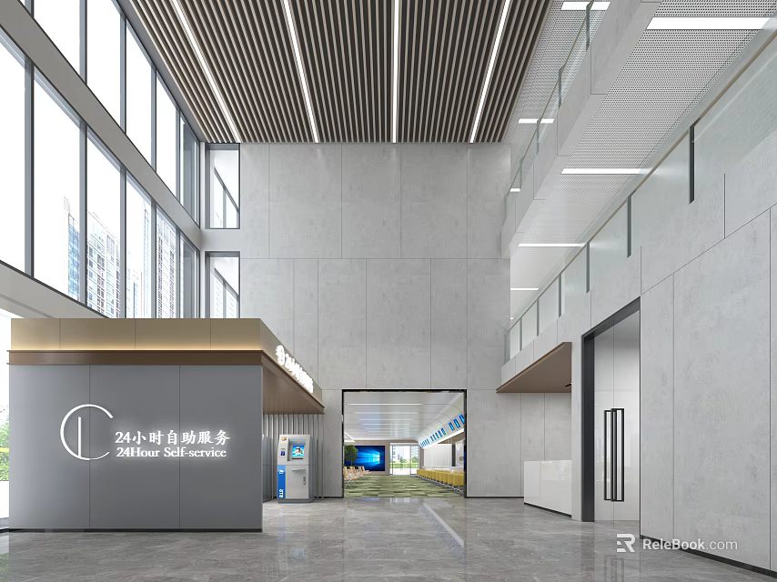 Modern Service Hall Interior With Spacious Layout Large Windows And Reception Desk 3d model 
