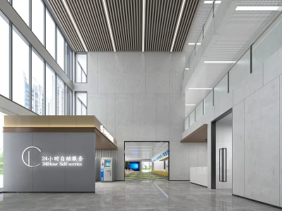 Modern Service Hall Interior With Spacious Layout Large Windows And Reception Desk 3d model