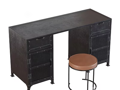 Black Industrial Desk With Metal Frame Drawers And Brown Leather Stool 3d model