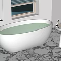 Modern White Freestanding Bathtub Filled With Water On Marble Floor And Small Table With Bottles