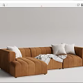 Modern Brown Tufted Sectional Sofa With White Cushions And Gray Blanket 3d model