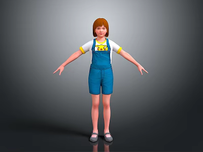 Child with Red Hair Wearing Blue Overalls Shorts and White T-shirt Standing with Arms Outstretched 3d model