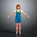 Child with Red Hair Wearing Blue Overalls Shorts and White T-shirt Standing with Arms Outstretched
