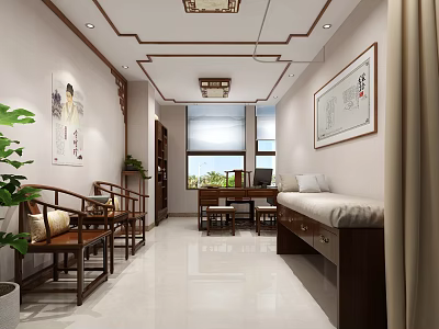 Chinese Style Room Interior With Traditional Furniture Decorative Paintings And Green Plants 3d model