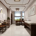 Chinese Style Room Interior With Traditional Furniture Decorative Paintings And Green Plants