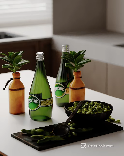 Kitchen Counter With Green Perrier Bottles Brown Bottles Plants Black Bowl And Green Beans 3d model 