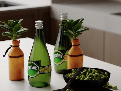 Kitchen Counter With Green Perrier Bottles Brown Bottles Plants Black Bowl And Green Beans 3d model