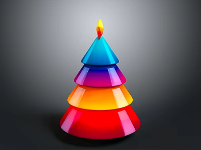 Vibrant Colorful Layered Christmas Tree Shaped Candle With Bright Flame 3d model