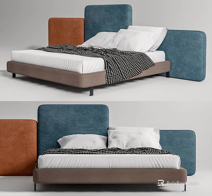 Modern Double Bed With Blue Brown Headboard White Sheet And Pillows 3d model 