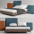 Modern Double Bed With Blue Brown Headboard White Sheet And Pillows