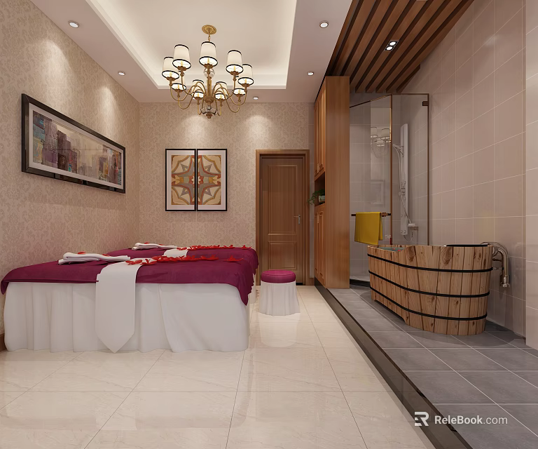 Luxurious SPA Sauna Room Interior with Massage Bed Wooden Barrel Bathtub and Chandelier 3d model 