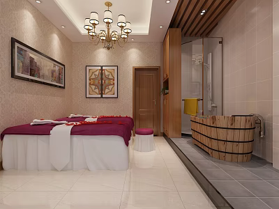 Luxurious SPA Sauna Room Interior with Massage Bed Wooden Barrel Bathtub and Chandelier 3d model