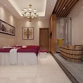 Luxurious SPA Sauna Room Interior with Massage Bed Wooden Barrel Bathtub and Chandelier