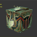 Ornate Golden Cube With Red Blue Stripes Glowing Light And Reflective Base