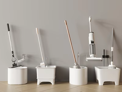 White Ceramic Washbasins With Mop And Cleaning Tools In Row 3d model