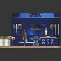 Modern Circular Exhibition Booth With Blue Design Wooden Flooring Green Plants And Display Area